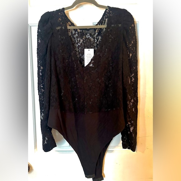 New! Eloquii Sheer Lace Puff Sleeve Bodysuit - Picture 5 of 5